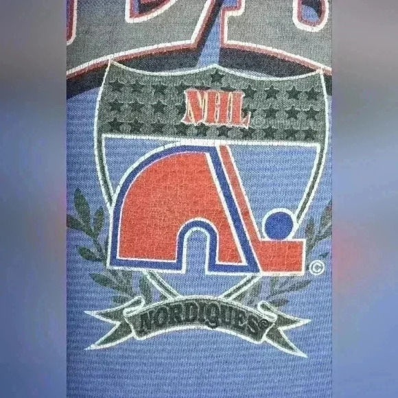1992 QUEBEC NORDIQUES NHL Blue Single Needle Trench Ultra Tee Shirt Large USA - Picture 7 of 15